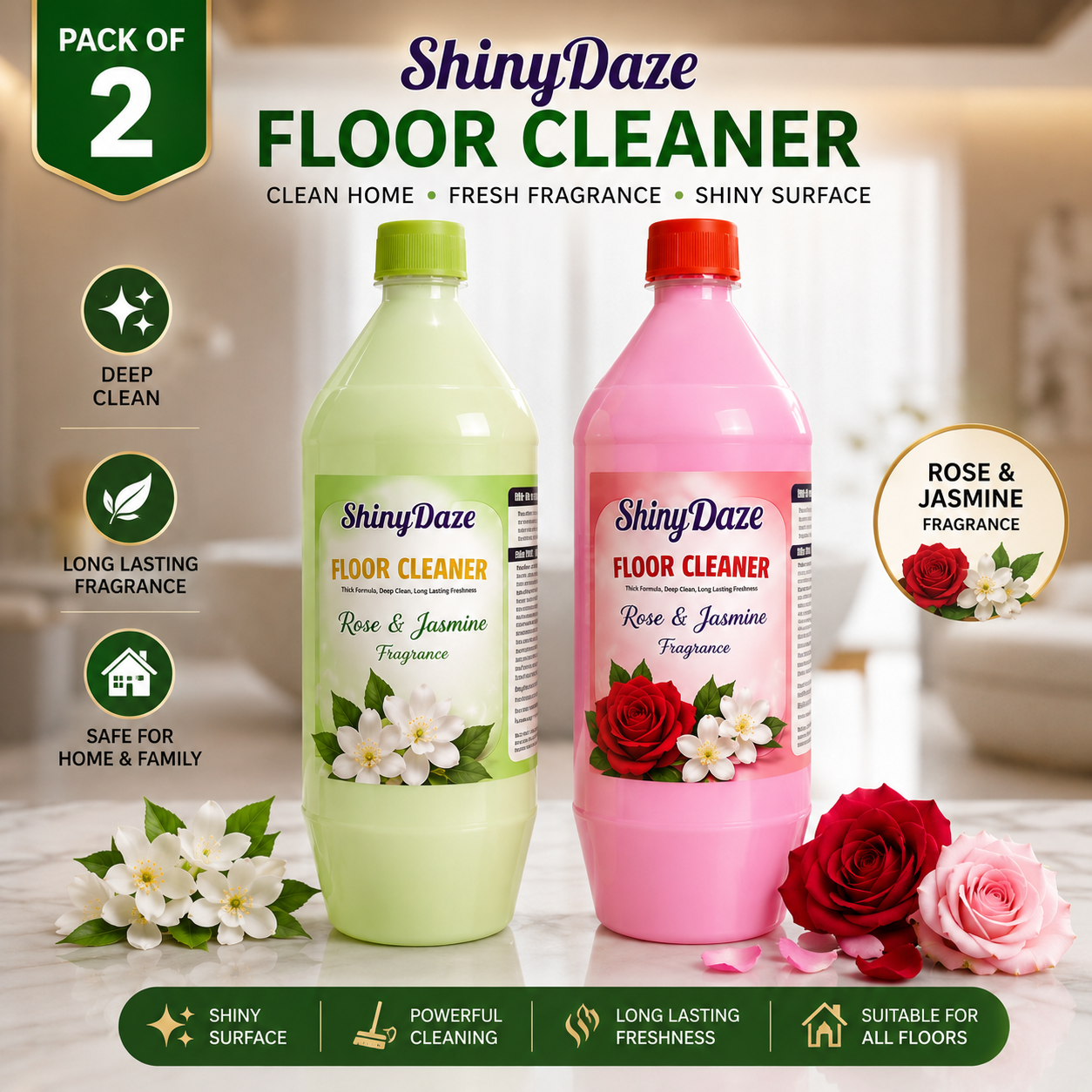 ShinyDaze™ Rose & Jasmine Floor Cleaner | Pack of 2 (1L Each)
