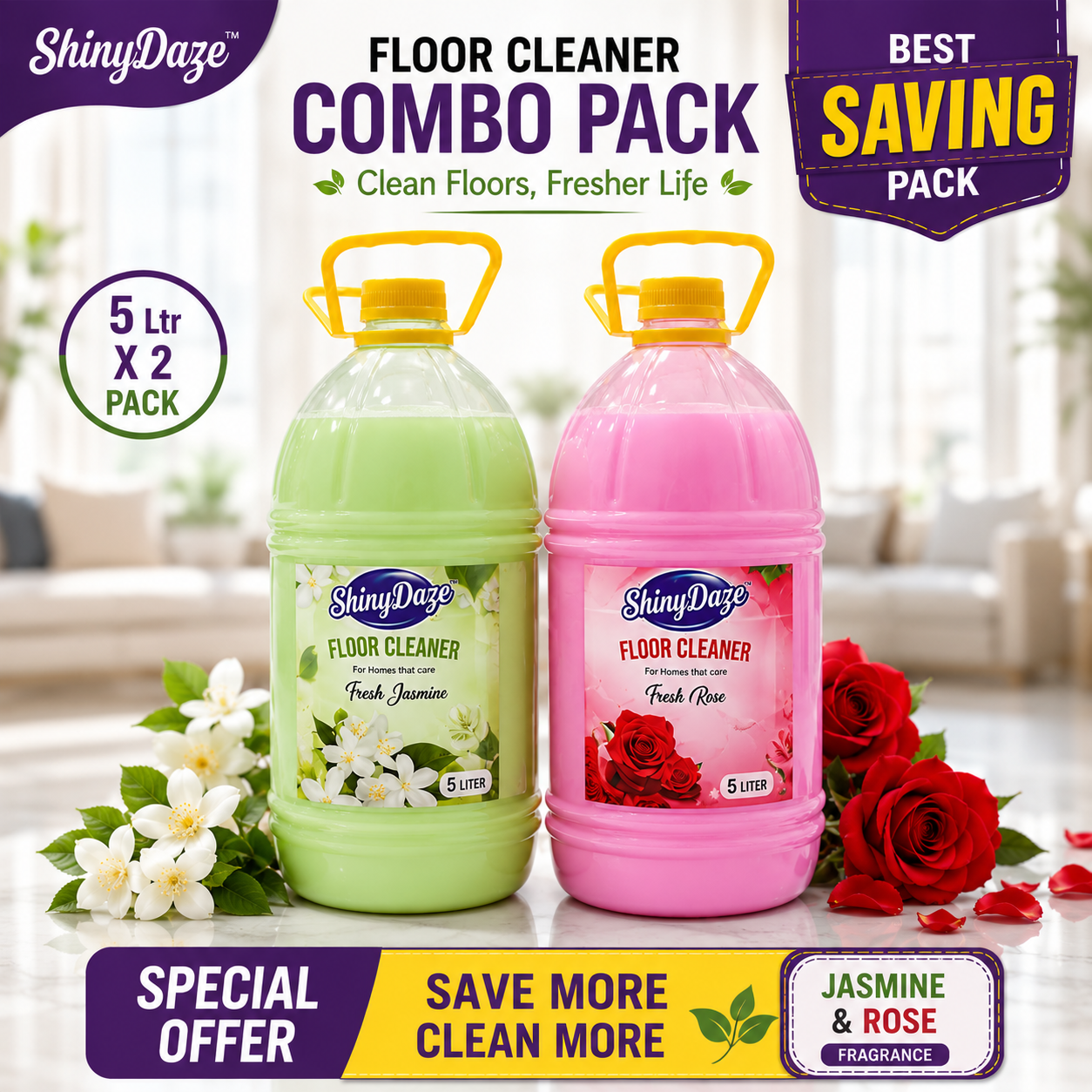 ShinyDaze™ Rose & Jasmine Fragrance Liquid Floor Cleaner Combo Pack 5 Litre x 2 | Long Lasting Freshness & Powerful Cleaning for Home, Office & Hotels