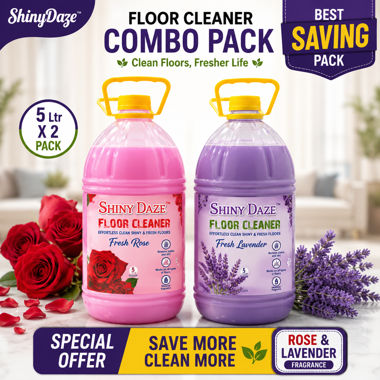 ShinyDaze™ Rose & Jasmine Fragrance Liquid Floor Cleaner Combo Pack 5L x 2 | Long Lasting Freshness & Powerful Cleaning for Home, Office & Hotels