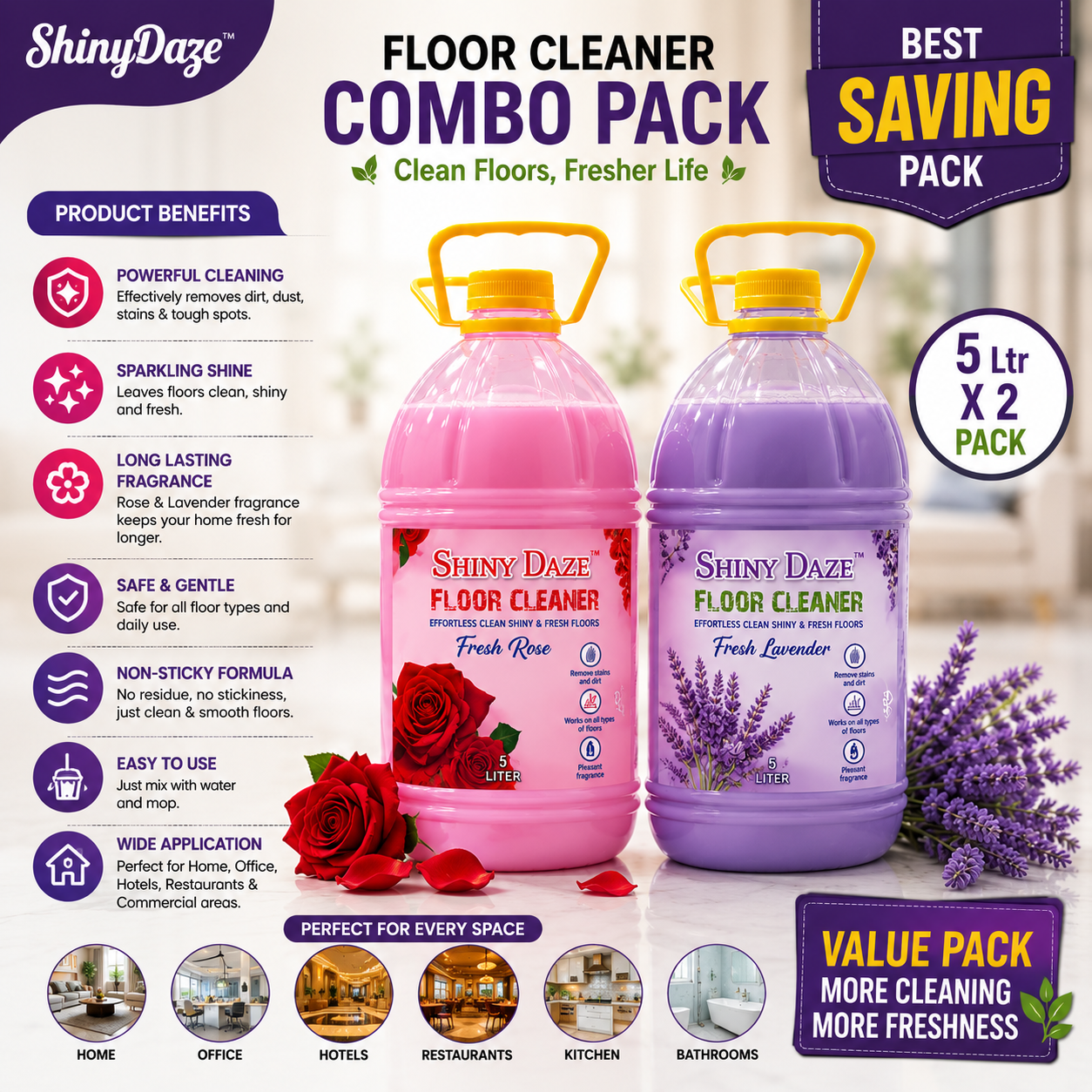 ShinyDaze™ Rose & Jasmine Fragrance Liquid Floor Cleaner Combo Pack 5L x 2 | Long Lasting Freshness & Powerful Cleaning for Home, Office & Hotels