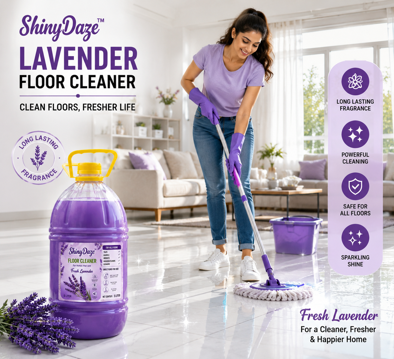 ShinyDaze™ Rose & Jasmine Fragrance Liquid Floor Cleaner Combo Pack 5L x 2 | Long Lasting Freshness & Powerful Cleaning for Home, Office & Hotels