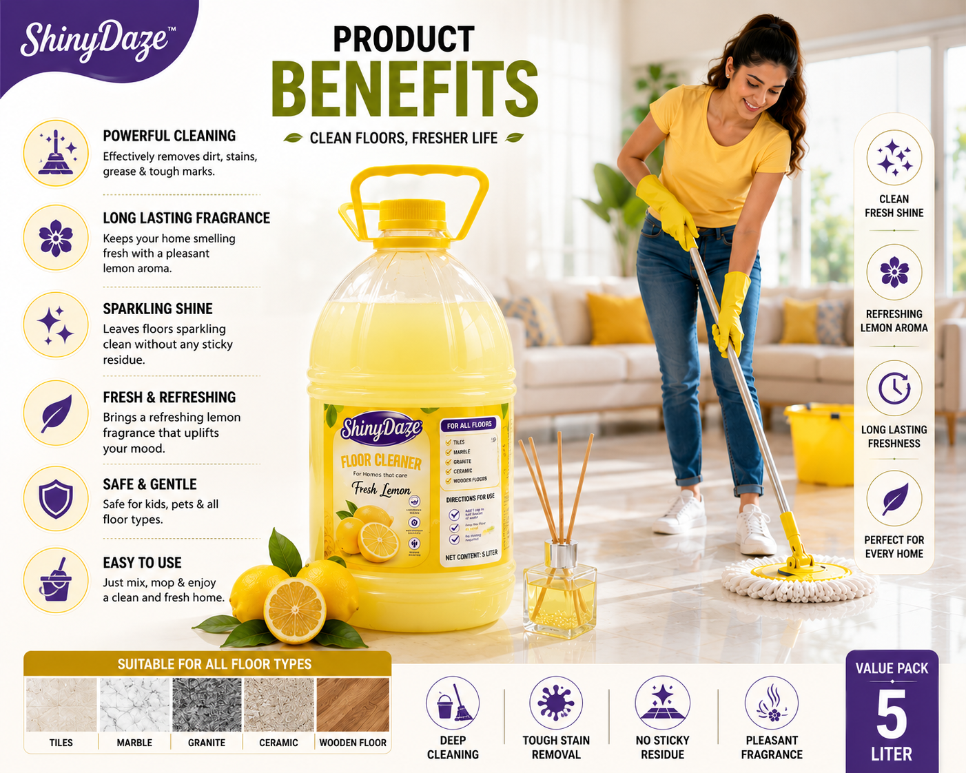 ShinyDaze™ Fresh Lemon Fragrance Liquid Floor Cleaner 5 Liter | Powerful Deep Cleaning | Long Lasting Freshness & Sparkling Shine